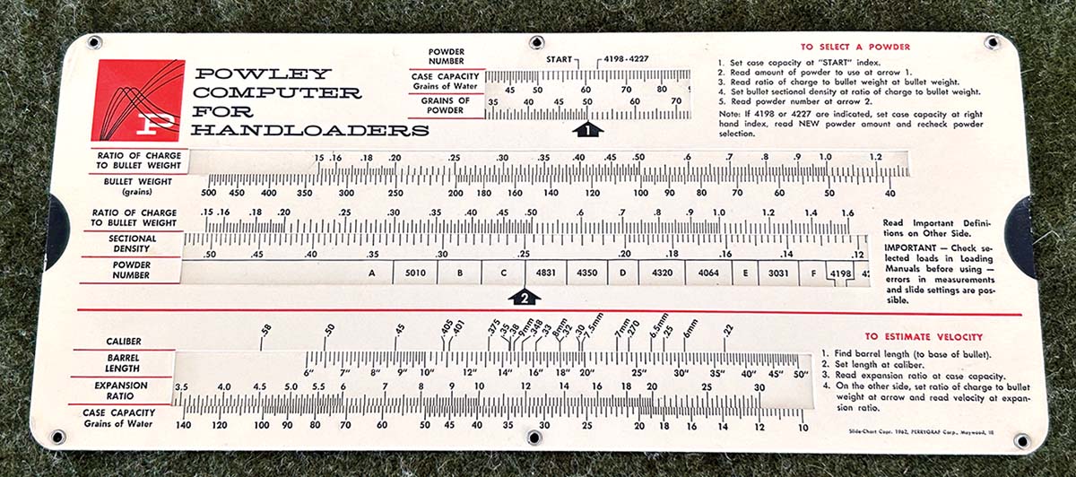 The Powley Computer for Handloaders, a slide-rule-driven tool for internal ballistics, was once a necessity for serious wildcatters. This amazing computer helps handloaders choose an appropriate powder and even estimates velocity.